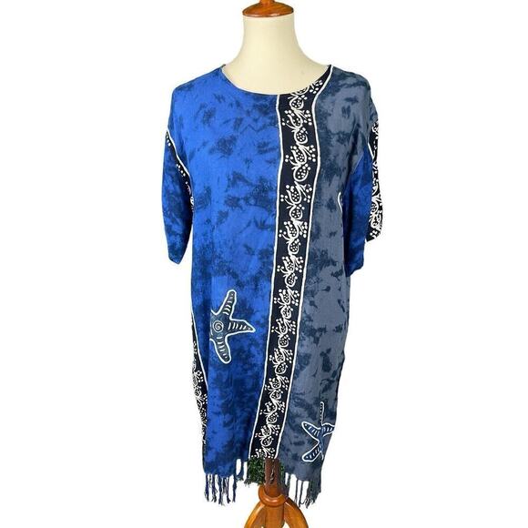 Rain Resort Wear Beach Cover-Up Size Medium Blue + Black with Fringe - Picture 3 of 10